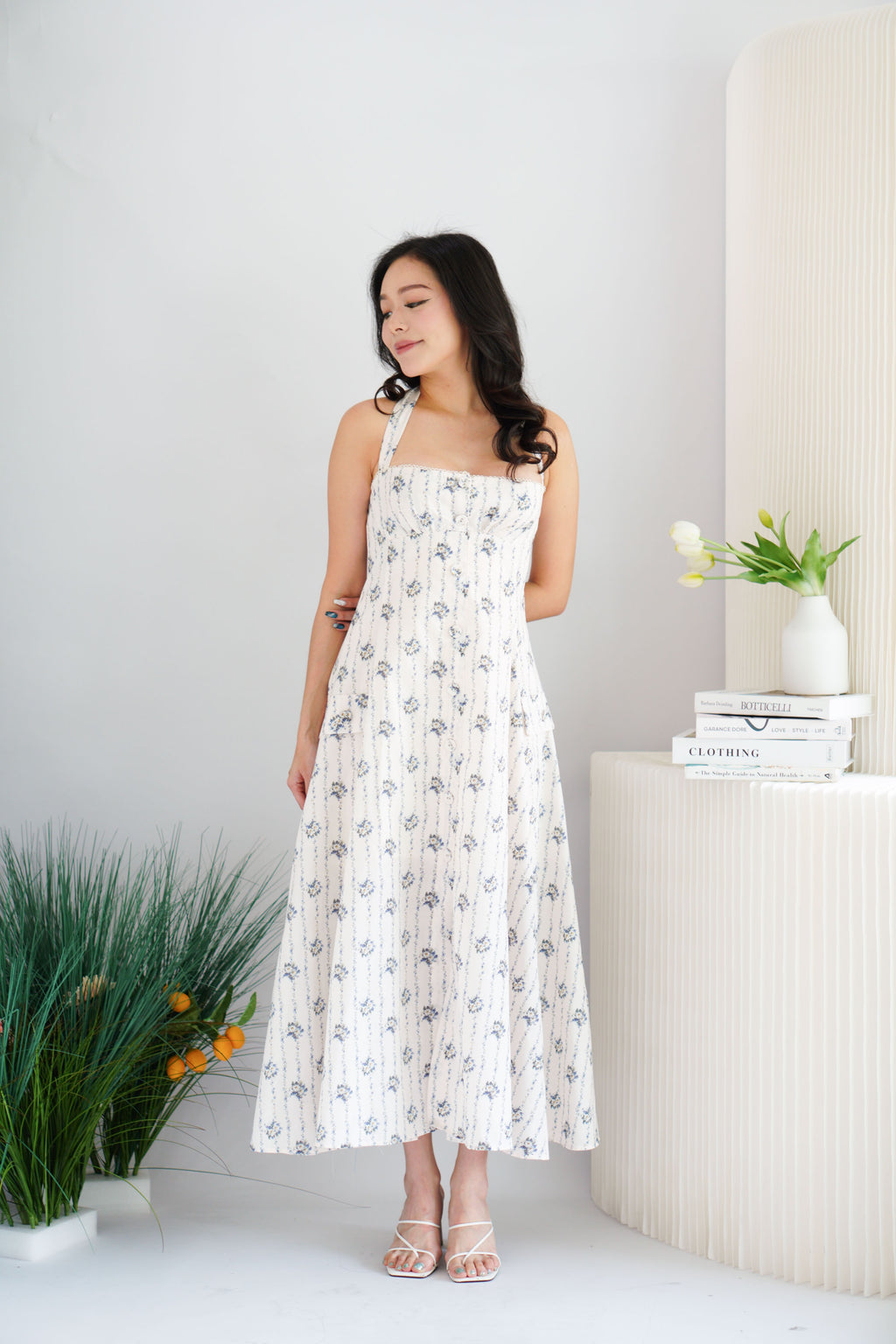 Vesira Halter Neck Floral Maxi A-Line Dress in White