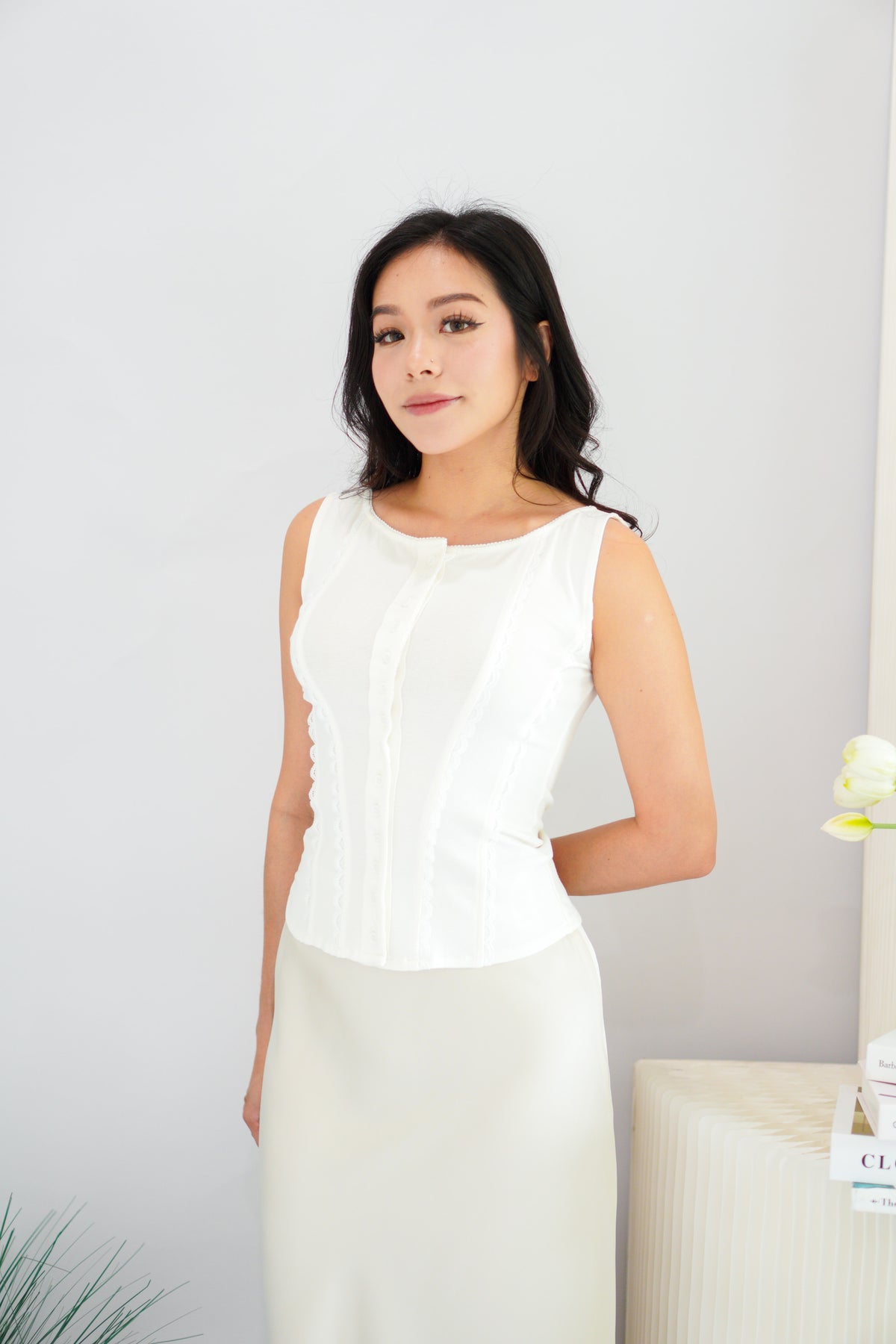 Rynki Button Down Boat Neck Top in White