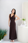 Julisse Satin Cowl Neck Maxi Dress in Brown