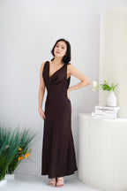 Julisse Satin Cowl Neck Maxi Dress in Brown