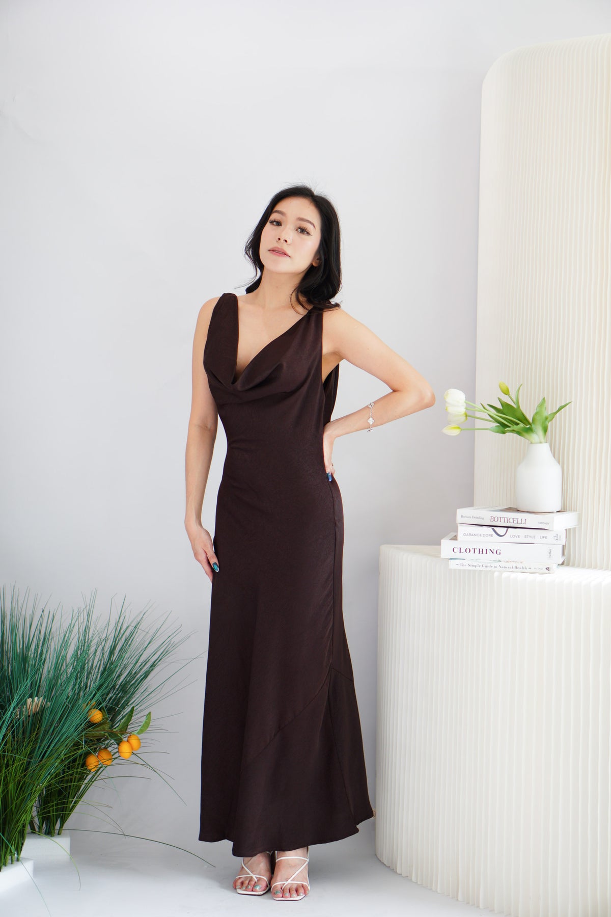 Julisse Satin Cowl Neck Maxi Dress in Brown