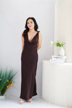 Julisse Satin Cowl Neck Maxi Dress in Brown
