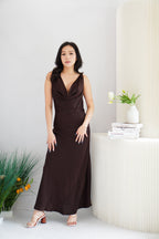 Julisse Satin Cowl Neck Maxi Dress in Brown