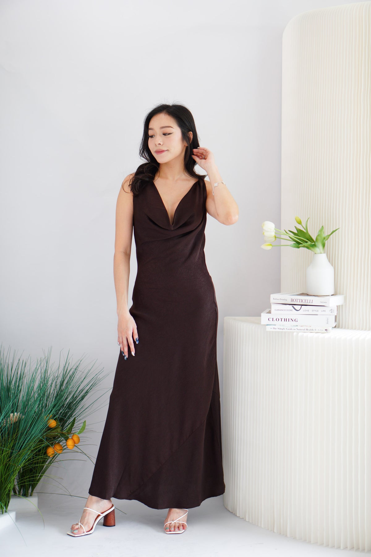 Julisse Satin Cowl Neck Maxi Dress in Brown