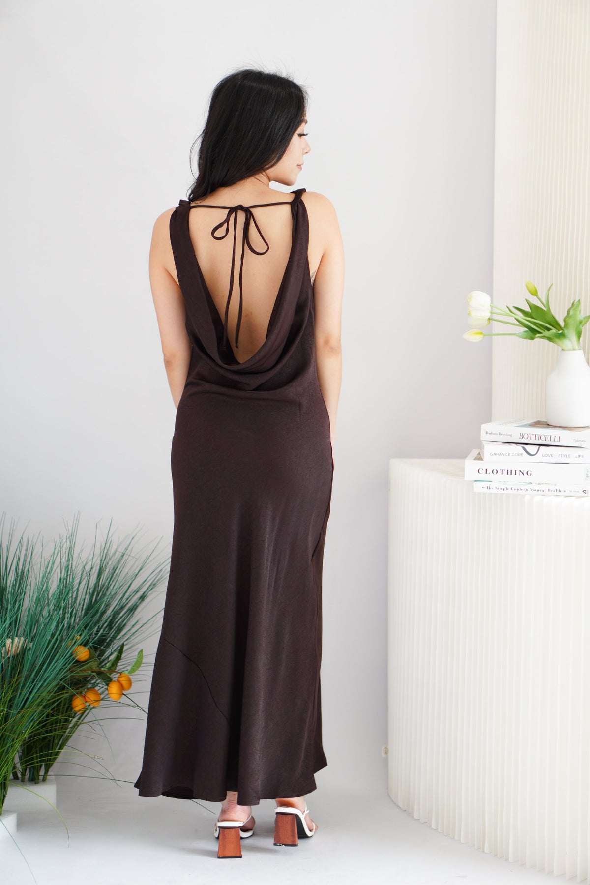 Julisse Satin Cowl Neck Maxi Dress in Brown