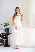 (BACKORDER) Vion Halter Neck Knit Top with Gold Clasp in Cream White