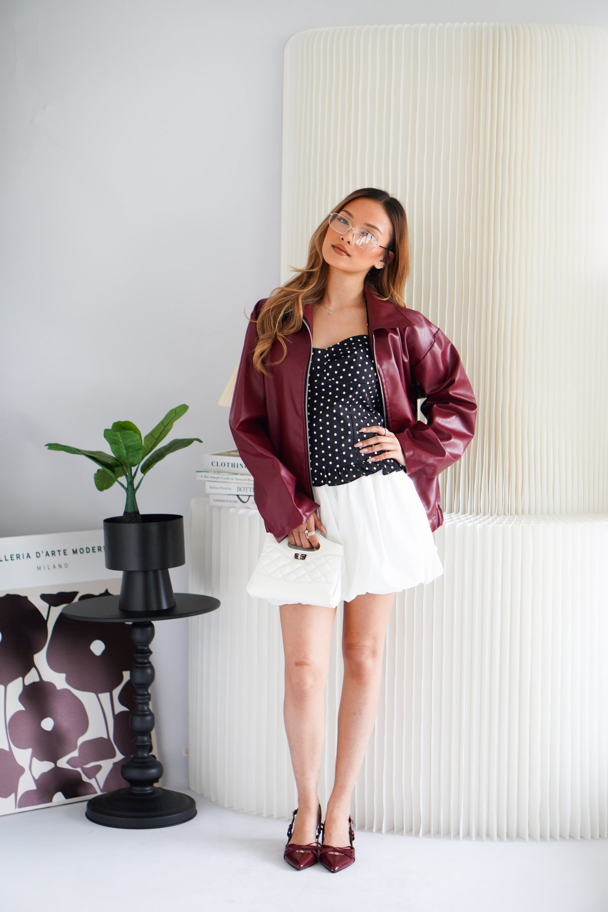 Lewis Oversized Faux Leather Jacket in Dark Red