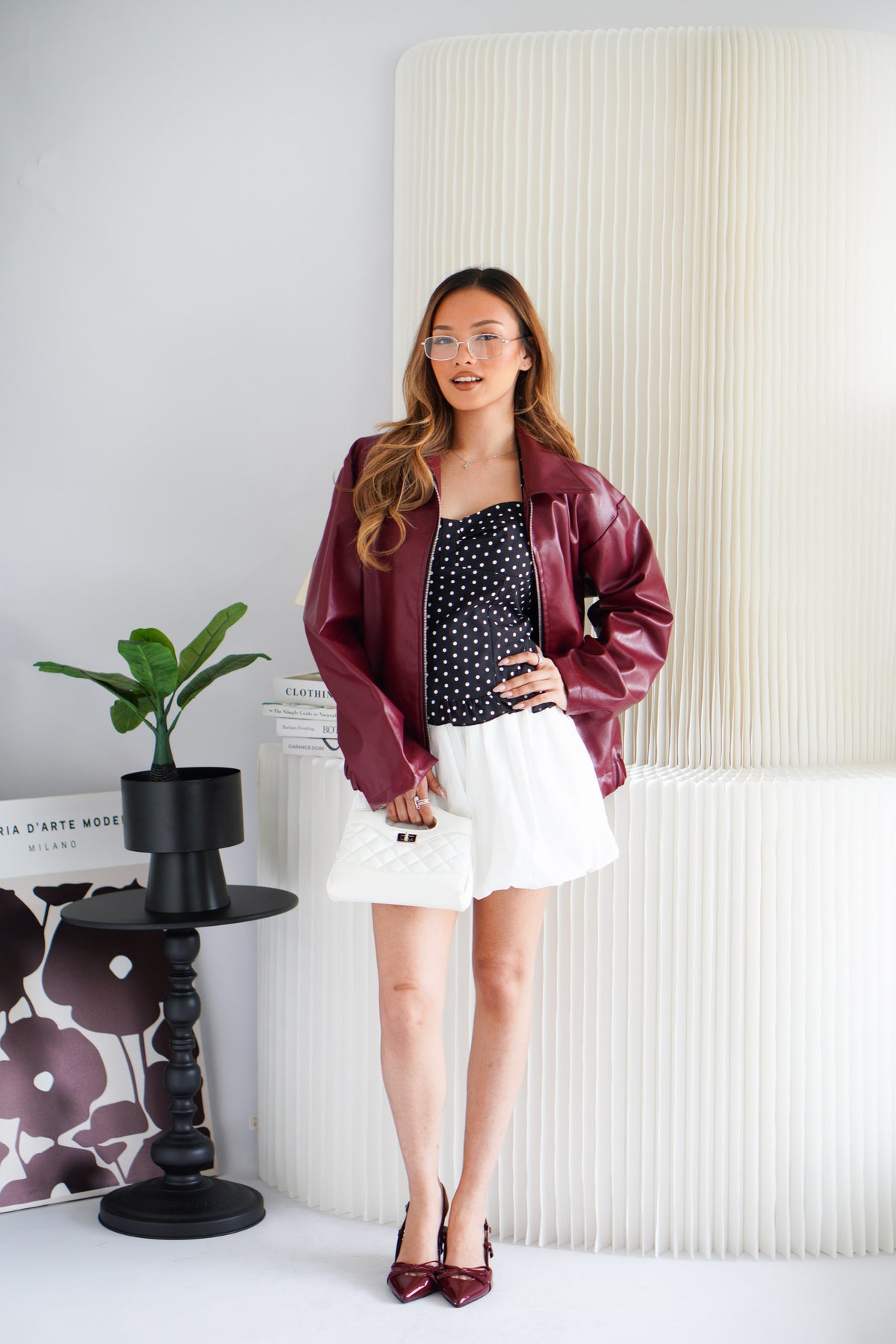Lewis Oversized Faux Leather Jacket in Dark Red