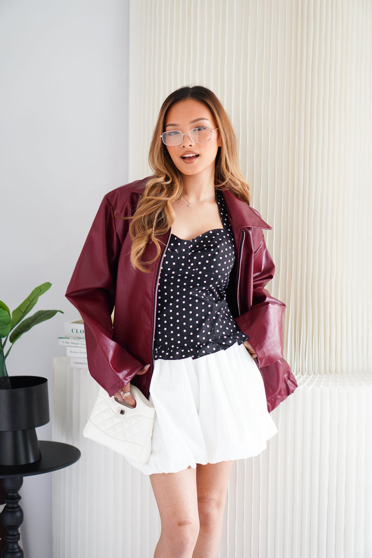 Lewis Oversized Faux Leather Jacket in Dark Red