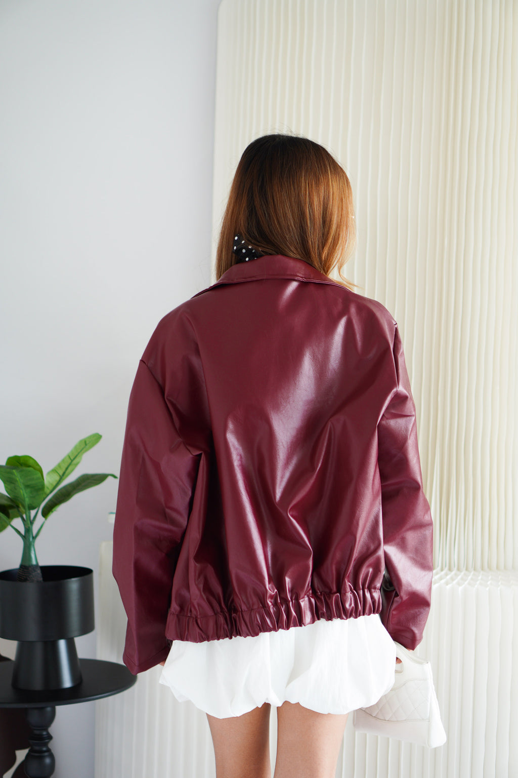 Lewis Oversized Faux Leather Jacket in Dark Red