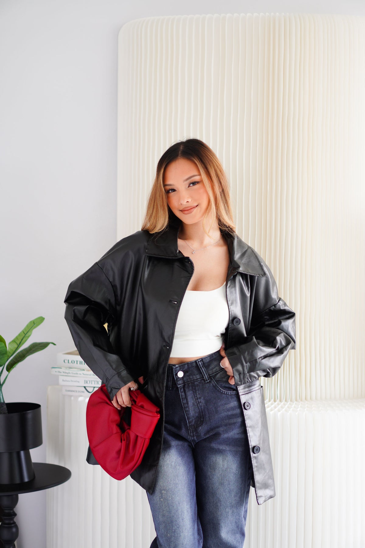 Lennox Oversized Faux Leather Blazer in Black