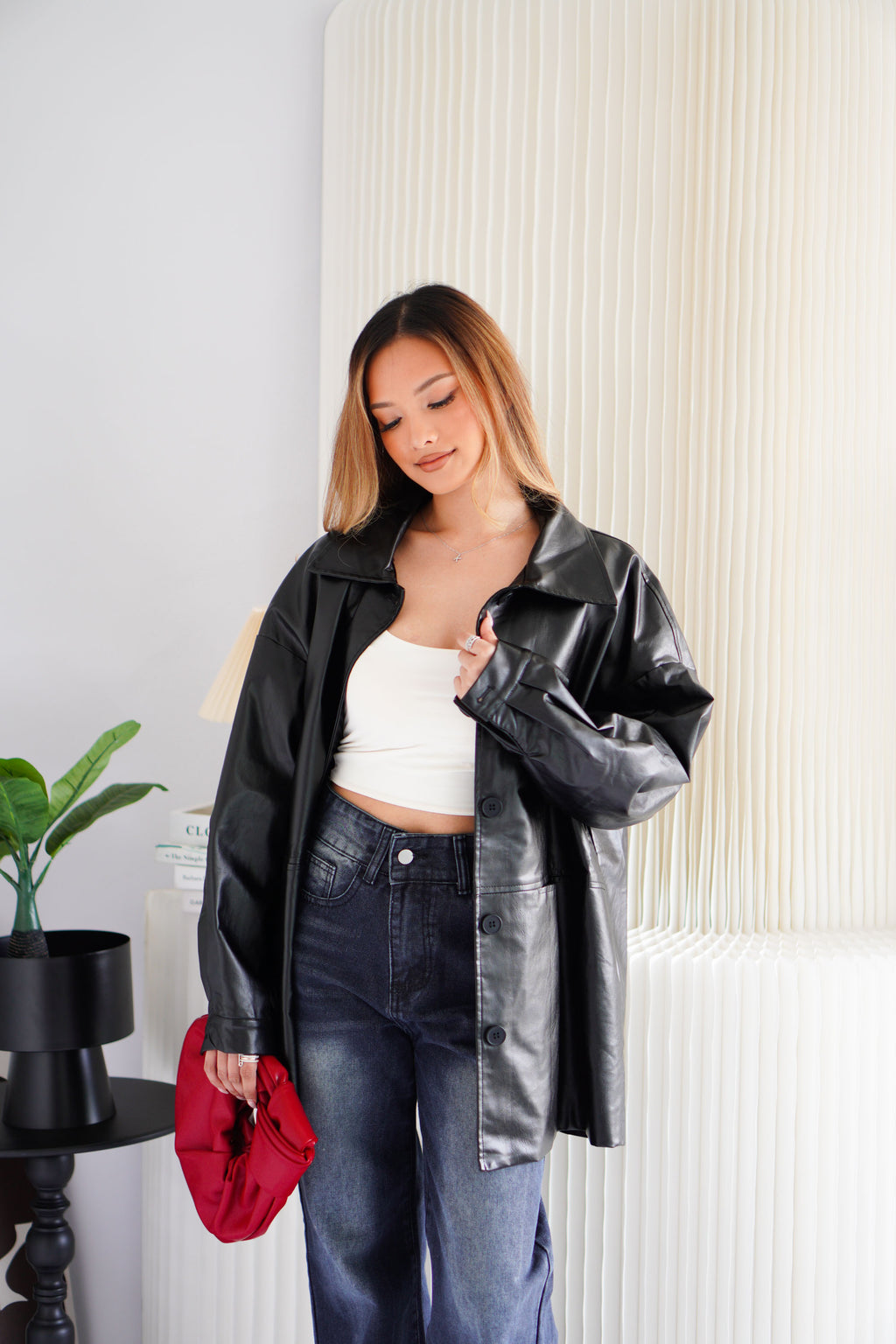 Lennox Oversized Faux Leather Blazer in Black