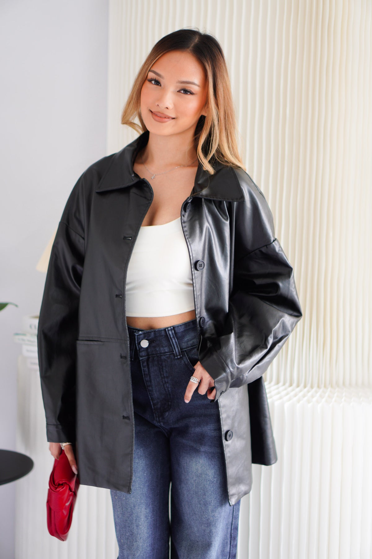 Lennox Oversized Faux Leather Blazer in Black