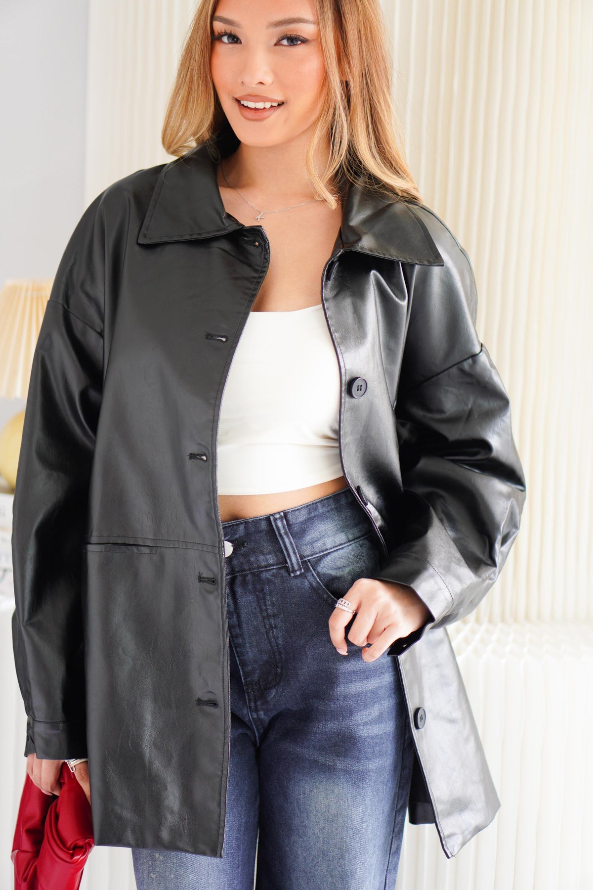 Lennox Oversized Faux Leather Blazer in Black
