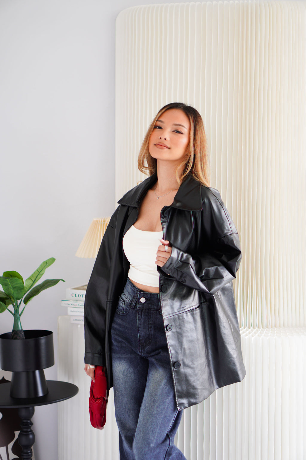 Lennox Oversized Faux Leather Blazer in Black