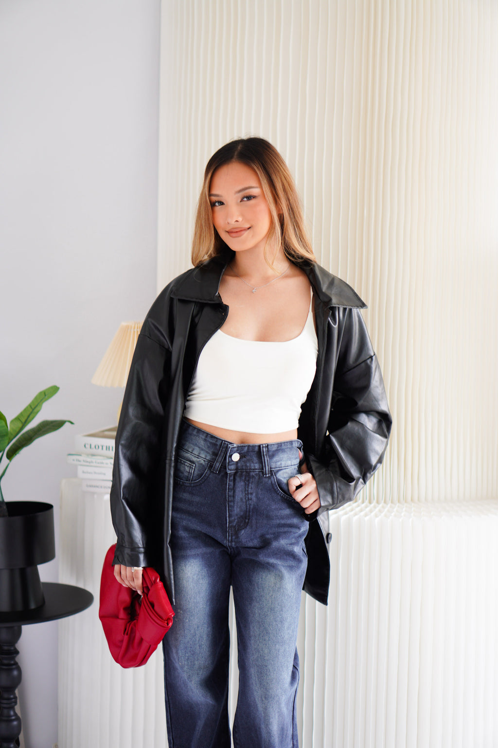 Lennox Oversized Faux Leather Blazer in Black