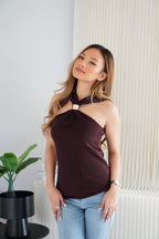 (BACKORDER) Vion Halter Neck Knit Top with Gold Clasp in Brown