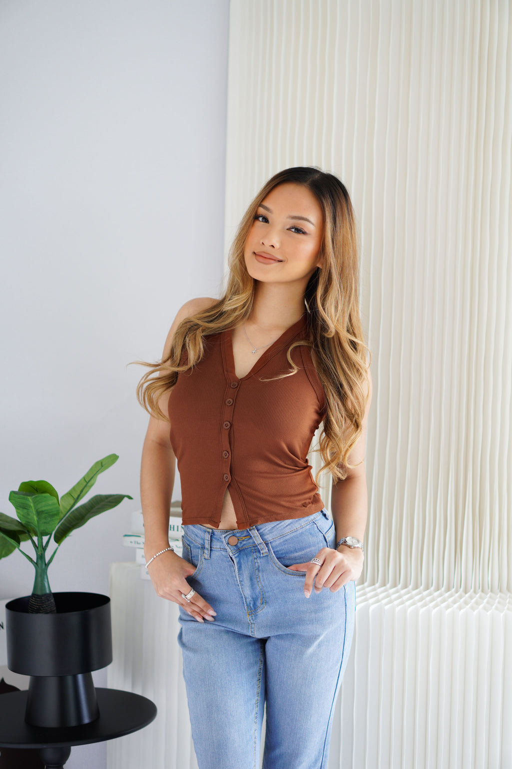 (BACKORDER) Renna Button Down Padded Camisole Top in Brown