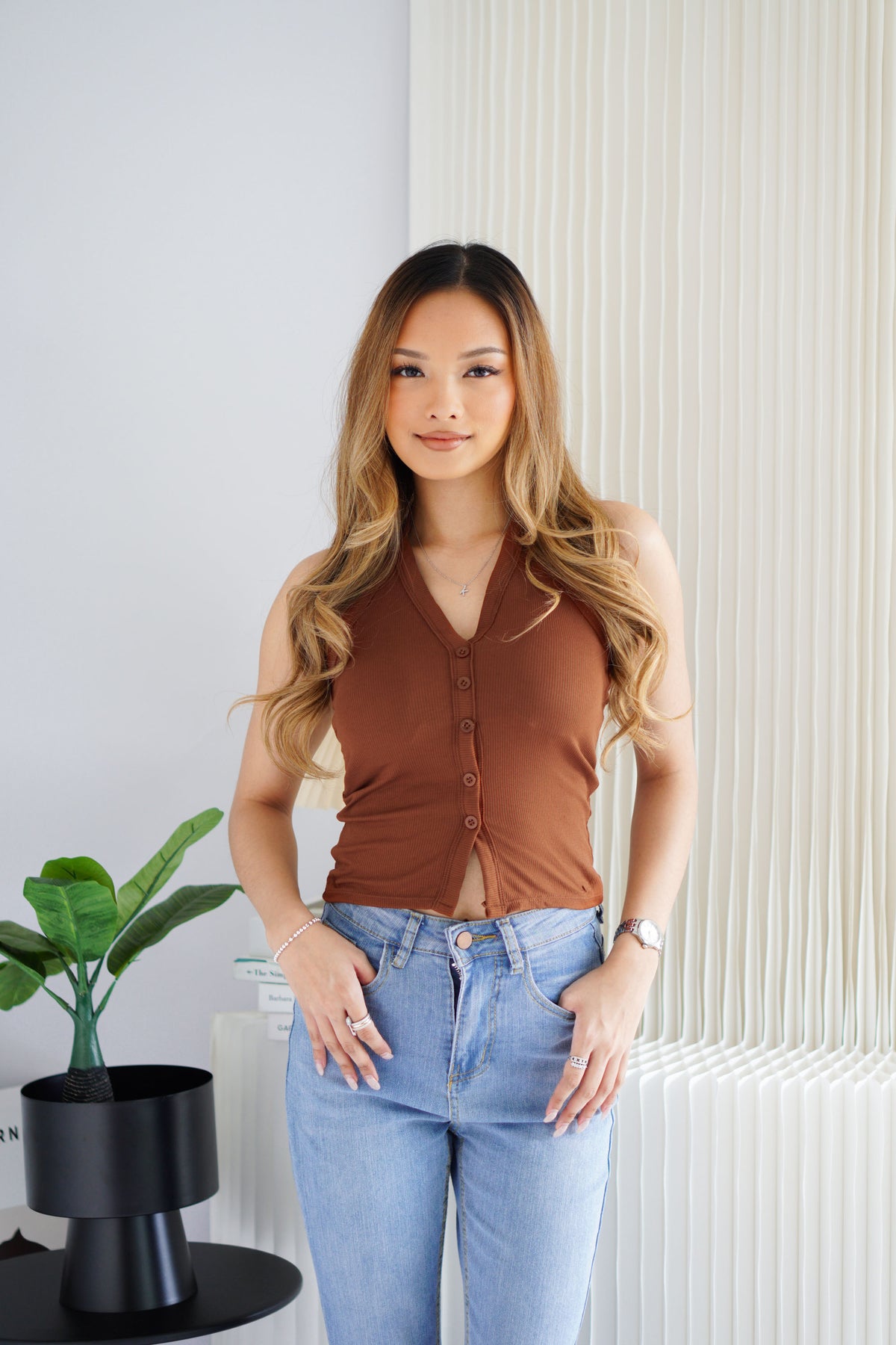 (BACKORDER) Renna Button Down Padded Camisole Top in Brown