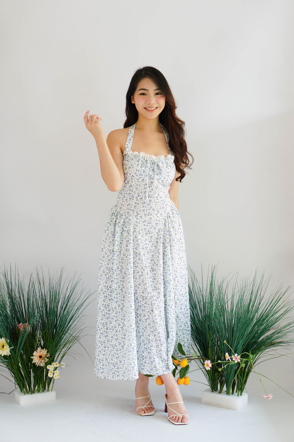 Isabelle Halter Neck A-Line Dress in White Floral