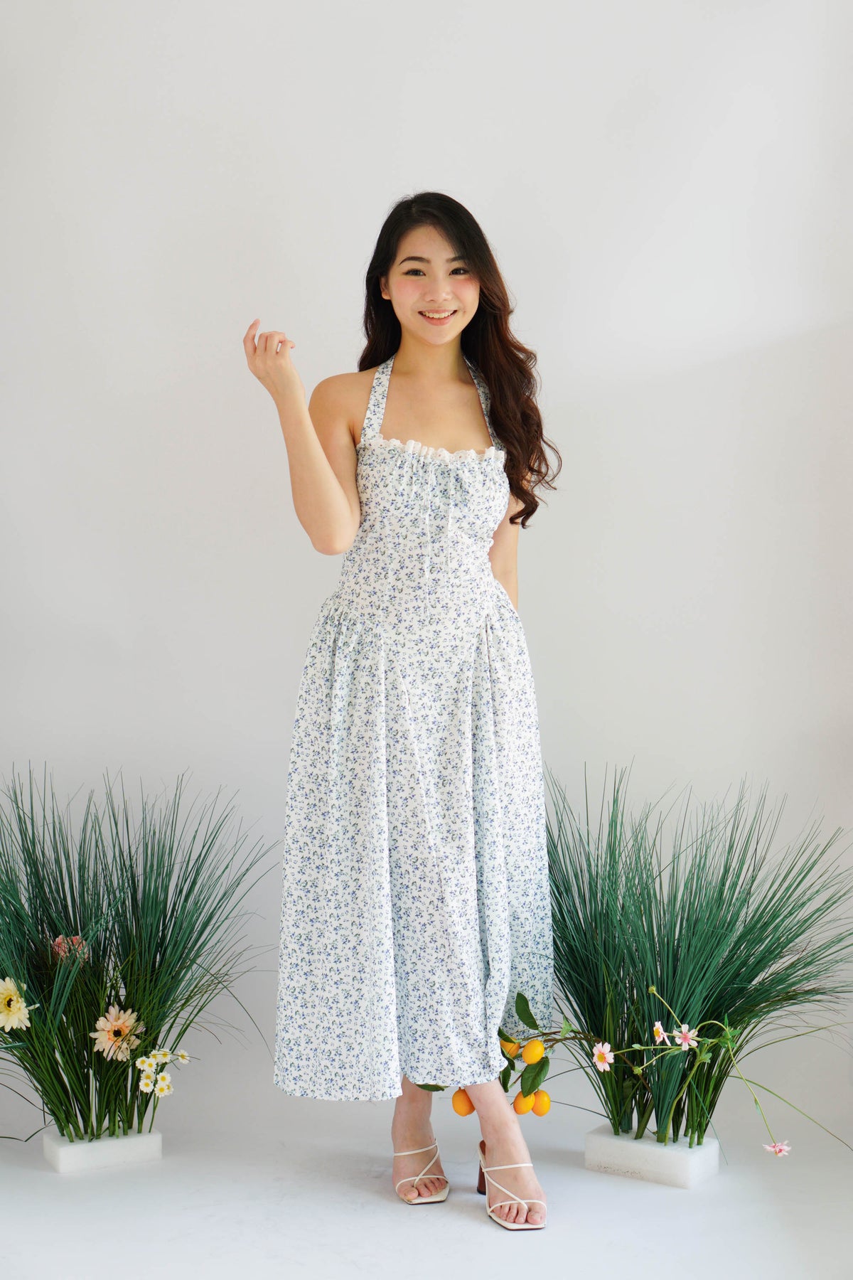 Isabelle Halter Neck A-Line Dress in White Floral