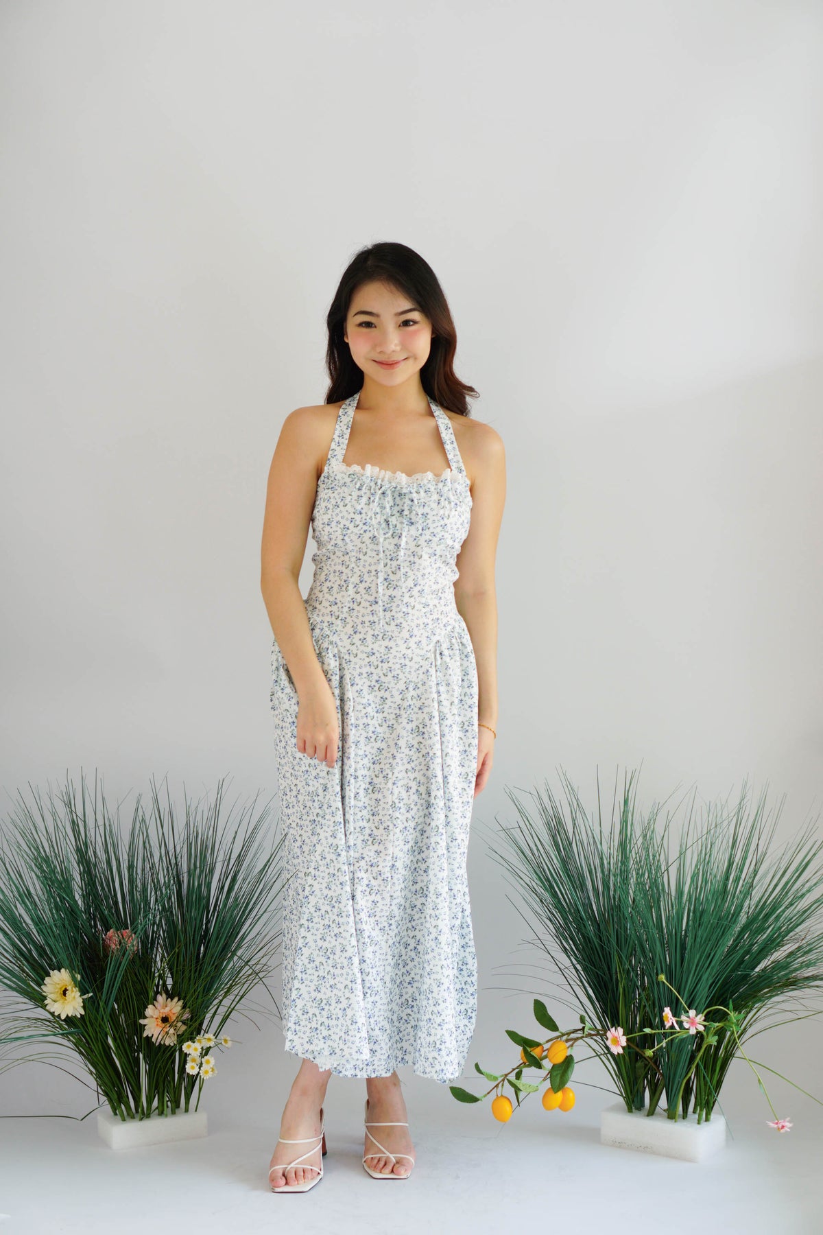 Isabelle Halter Neck A-Line Dress in White Floral