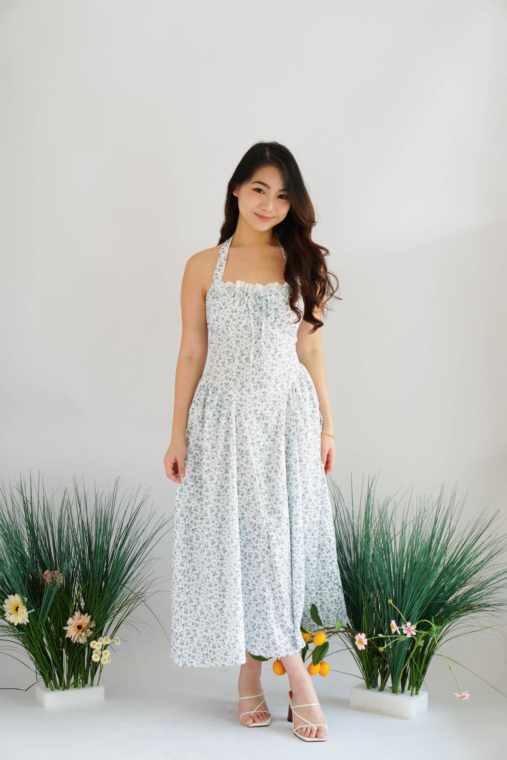 Isabelle Halter Neck A-Line Dress in White Floral