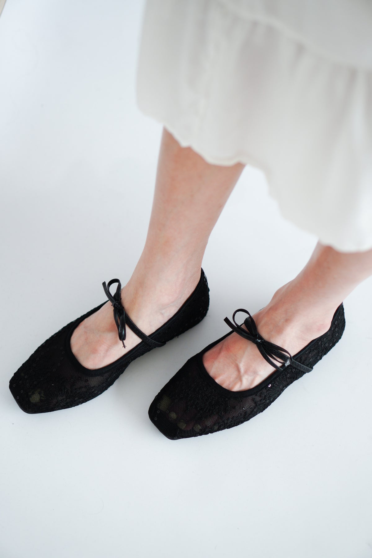 Bloom Mesh Ribbon Flats in Black