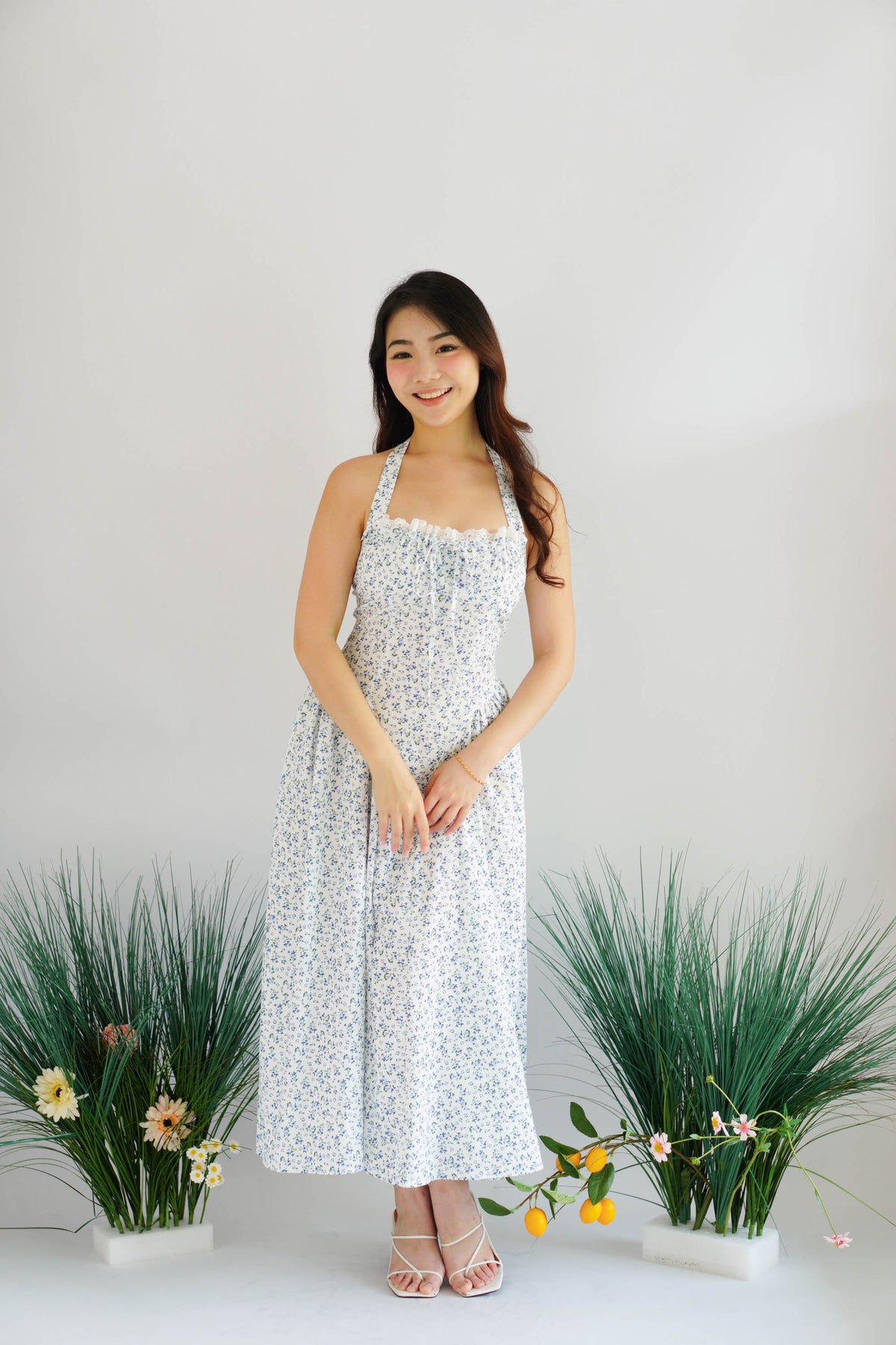 Isabelle Halter Neck A-Line Dress in White Floral