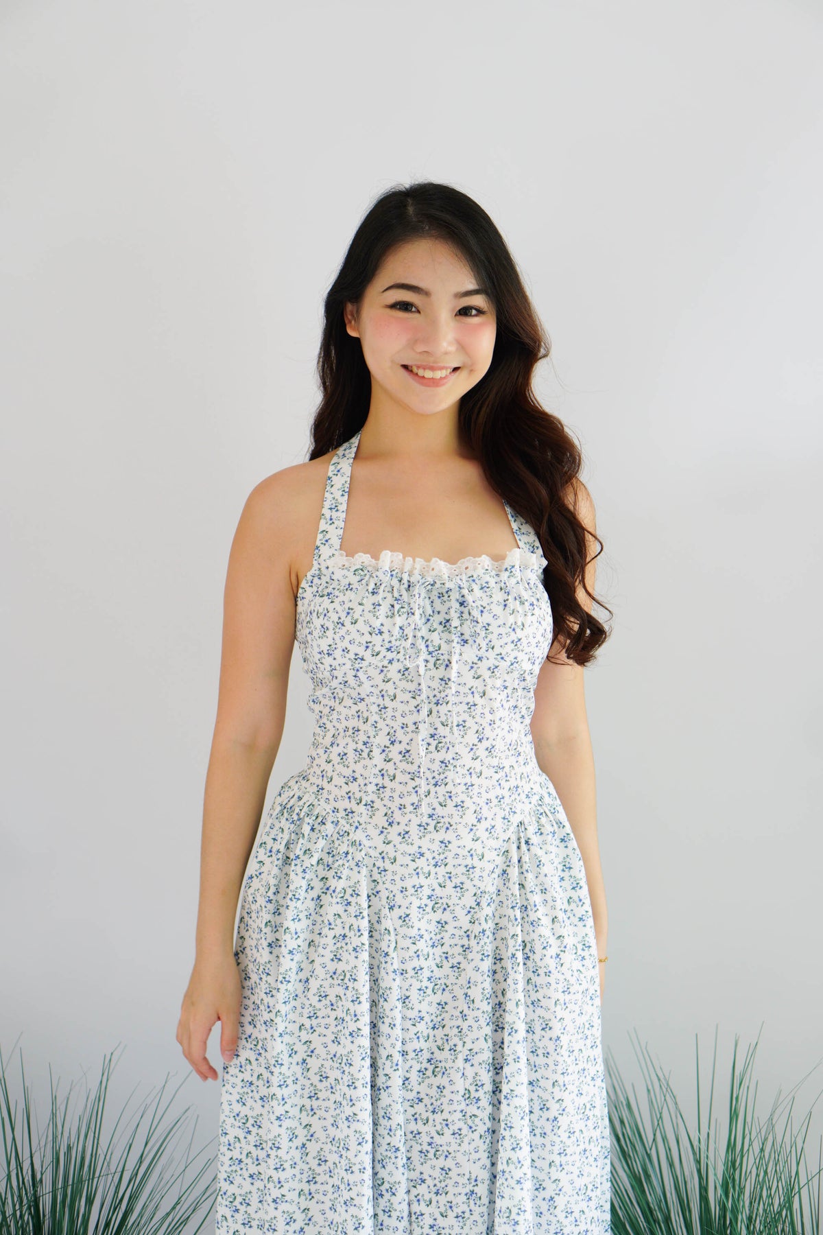 Isabelle Halter Neck A-Line Dress in White Floral