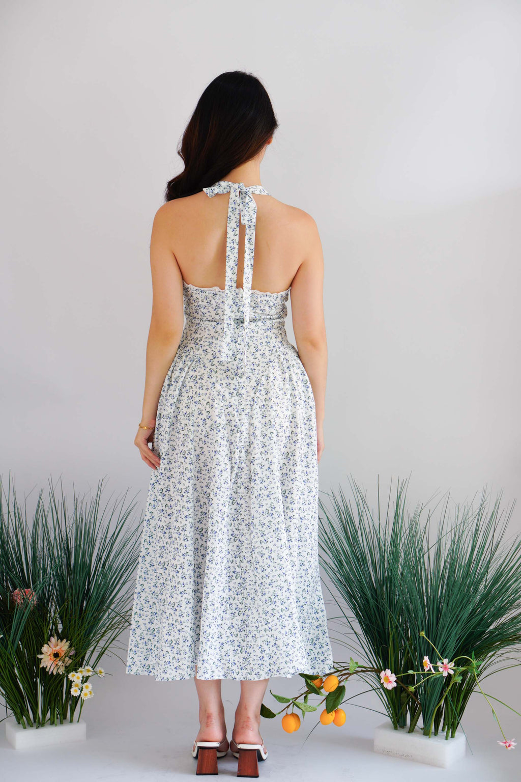 Isabelle Halter Neck A-Line Dress in White Floral