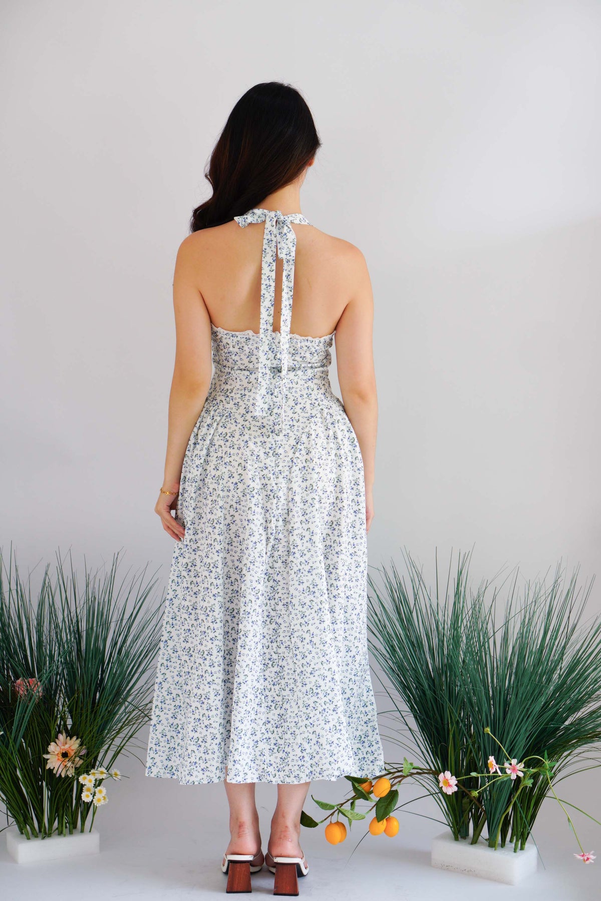 Isabelle Halter Neck A-Line Dress in White Floral