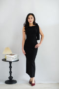Lioraine Boat Neck Tie Maxi Bodycon Dress in Black