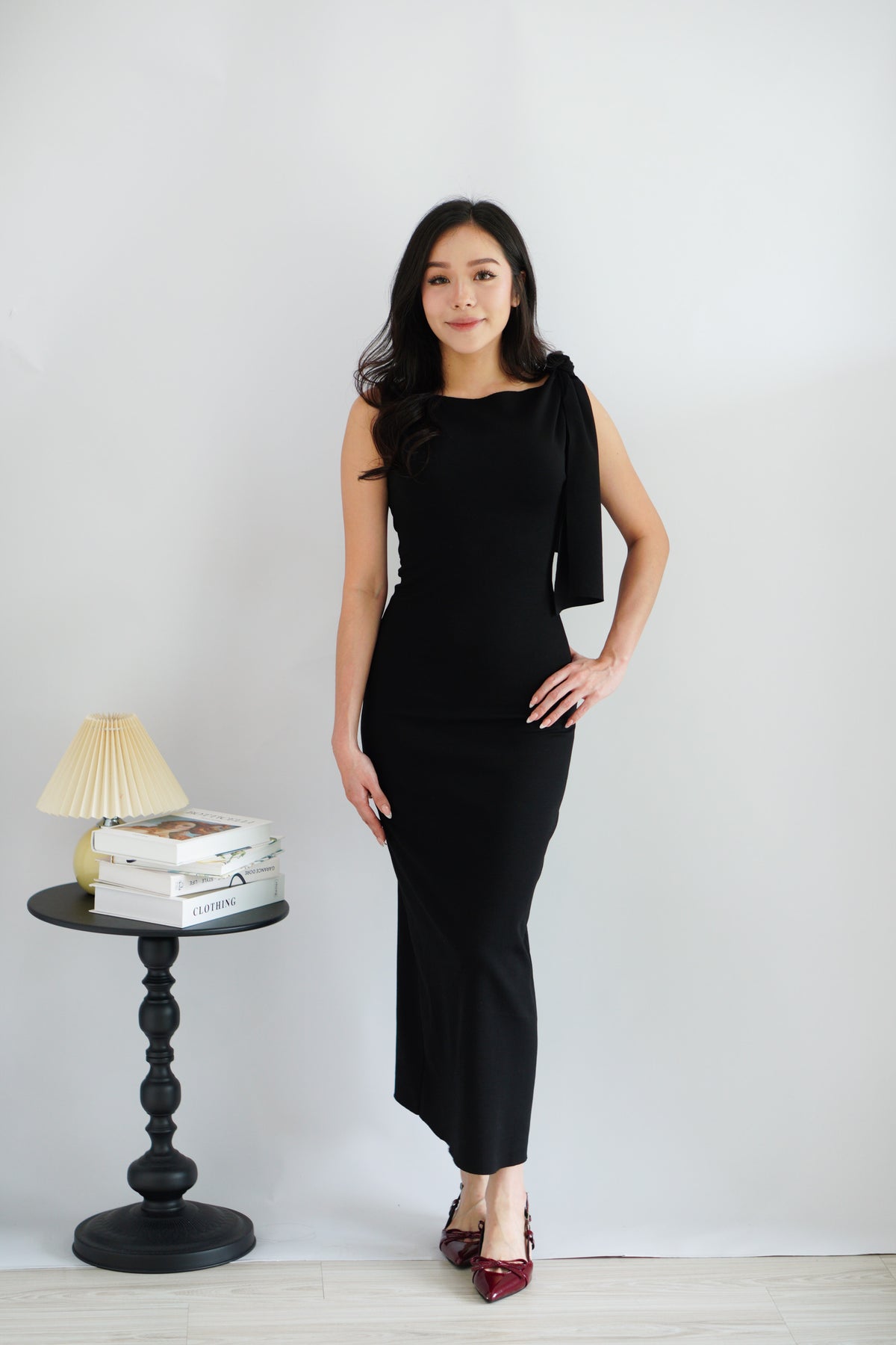 Lioraine Boat Neck Tie Maxi Bodycon Dress in Black