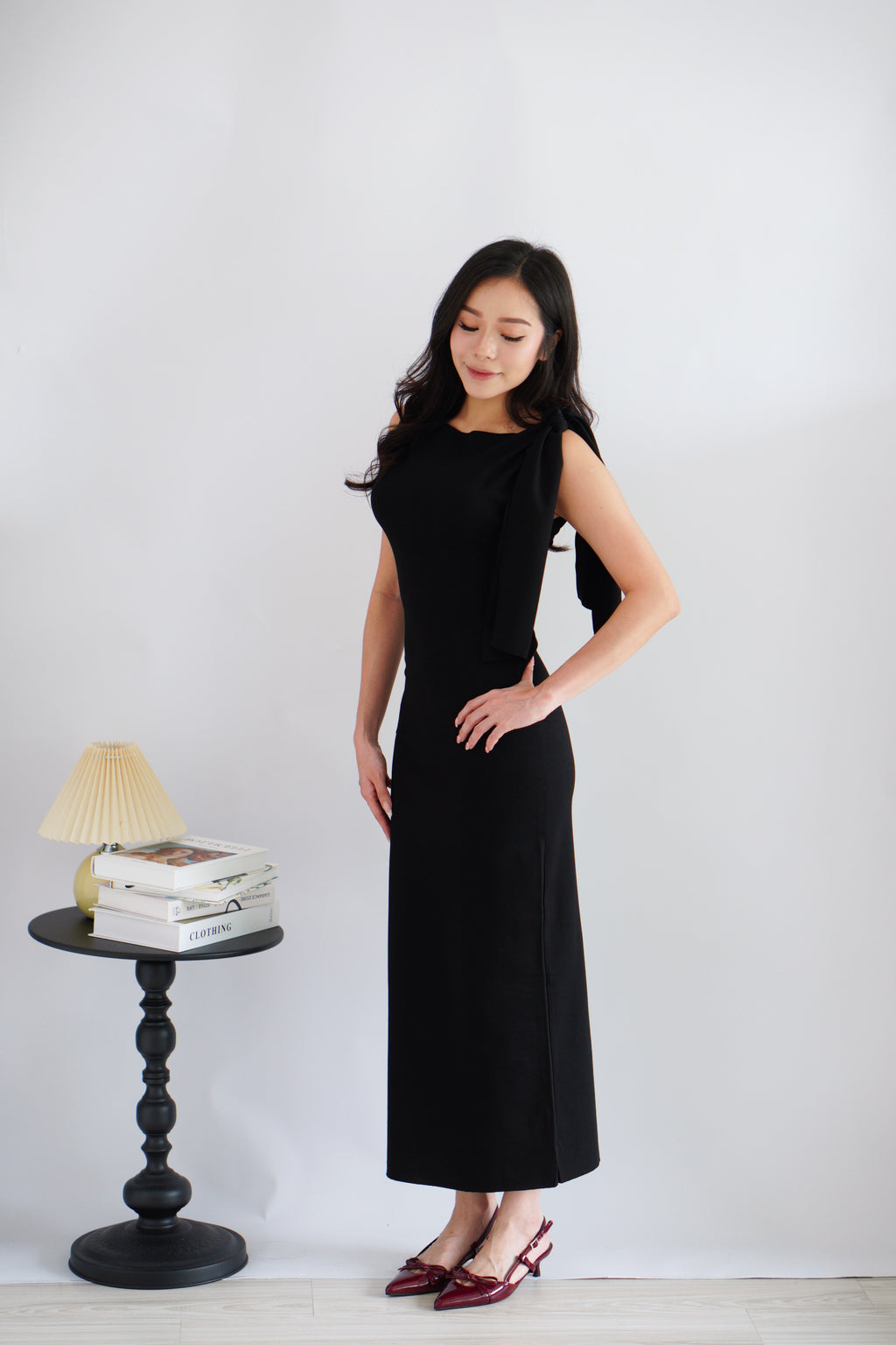 Lioraine Boat Neck Tie Maxi Bodycon Dress in Black