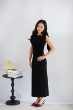 Lioraine Boat Neck Tie Maxi Bodycon Dress in Black