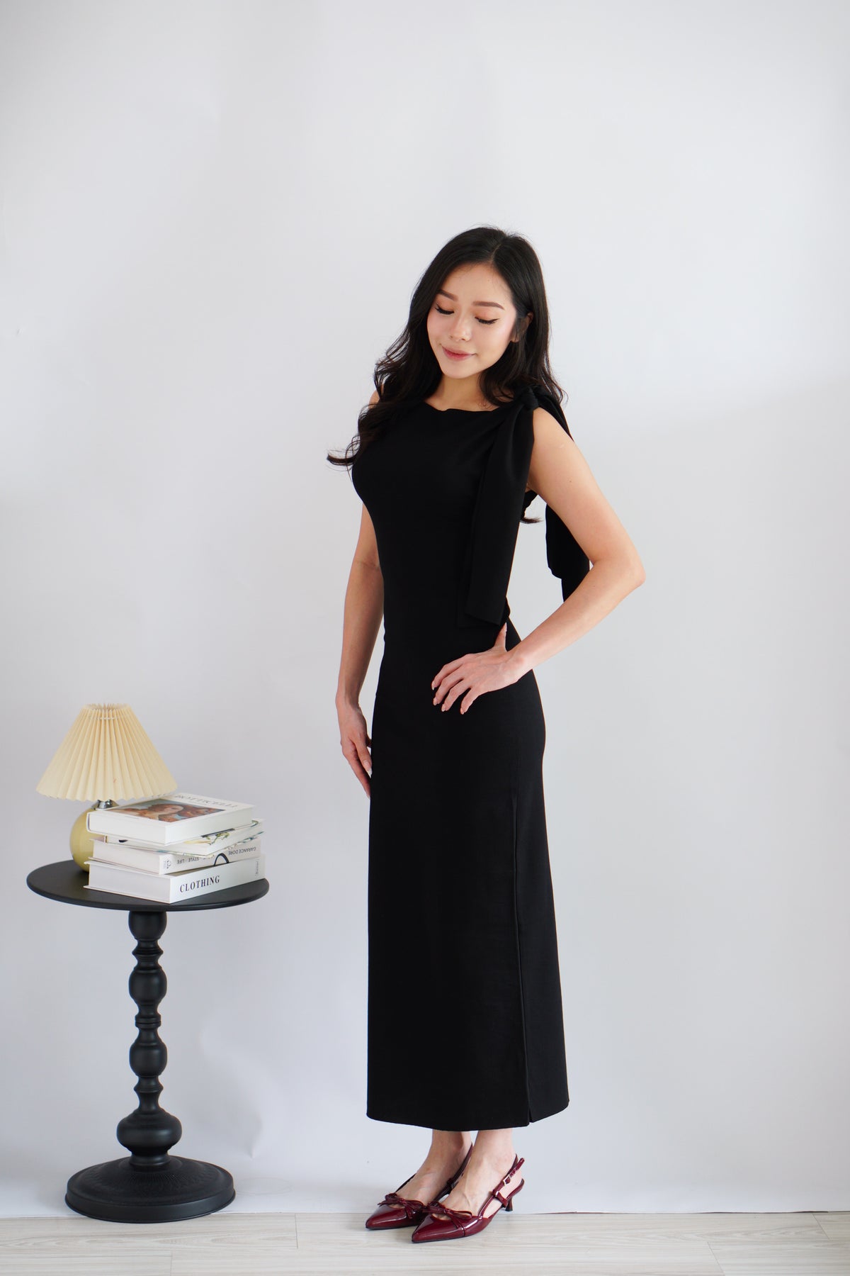 Lioraine Boat Neck Tie Maxi Bodycon Dress in Black