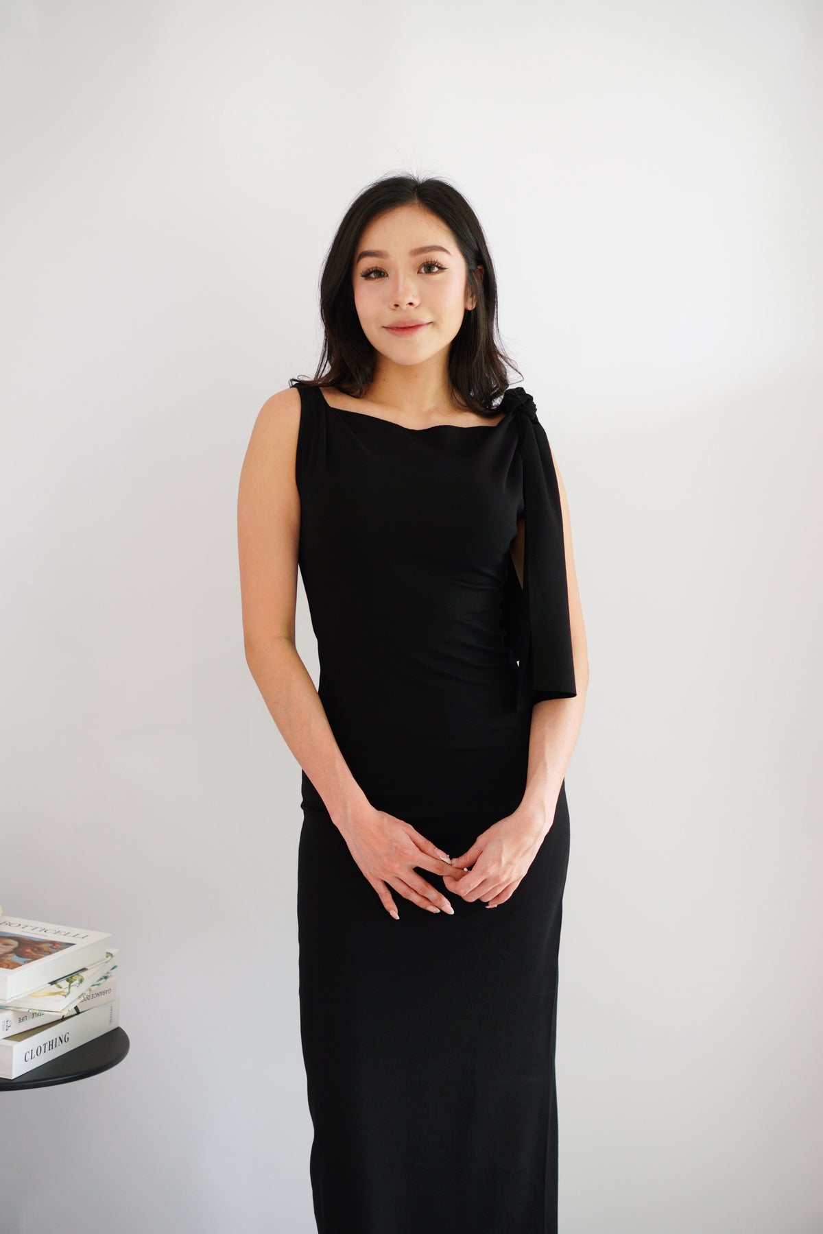 Lioraine Boat Neck Tie Maxi Bodycon Dress in Black