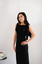 Lioraine Boat Neck Tie Maxi Bodycon Dress in Black