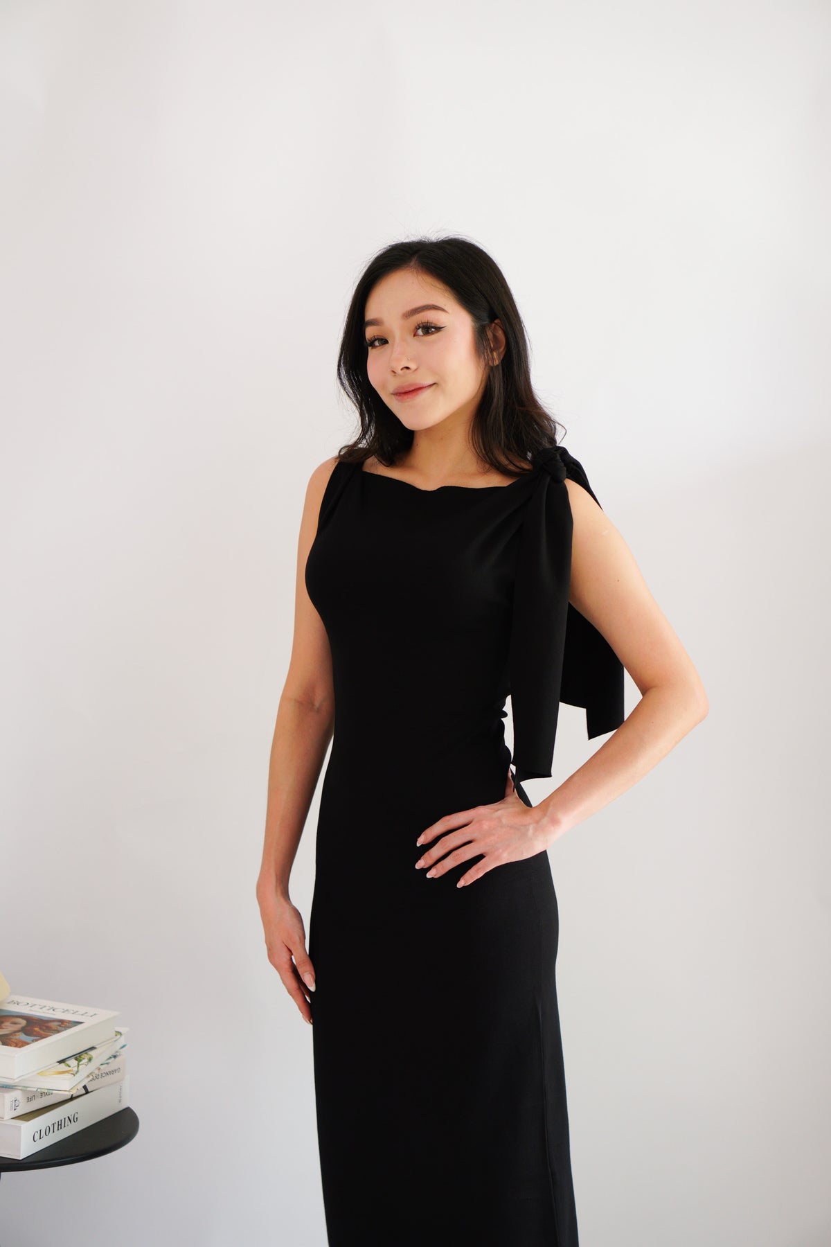 Lioraine Boat Neck Tie Maxi Bodycon Dress in Black