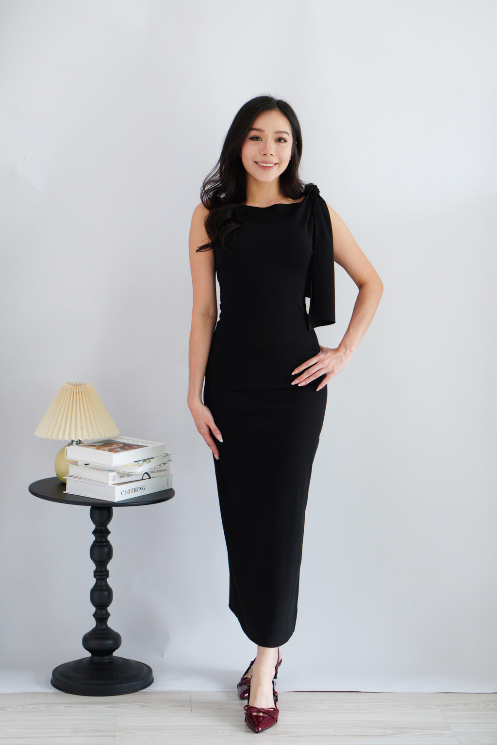 Lioraine Boat Neck Tie Maxi Bodycon Dress in Black