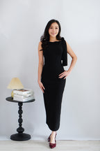 Lioraine Boat Neck Tie Maxi Bodycon Dress in Black
