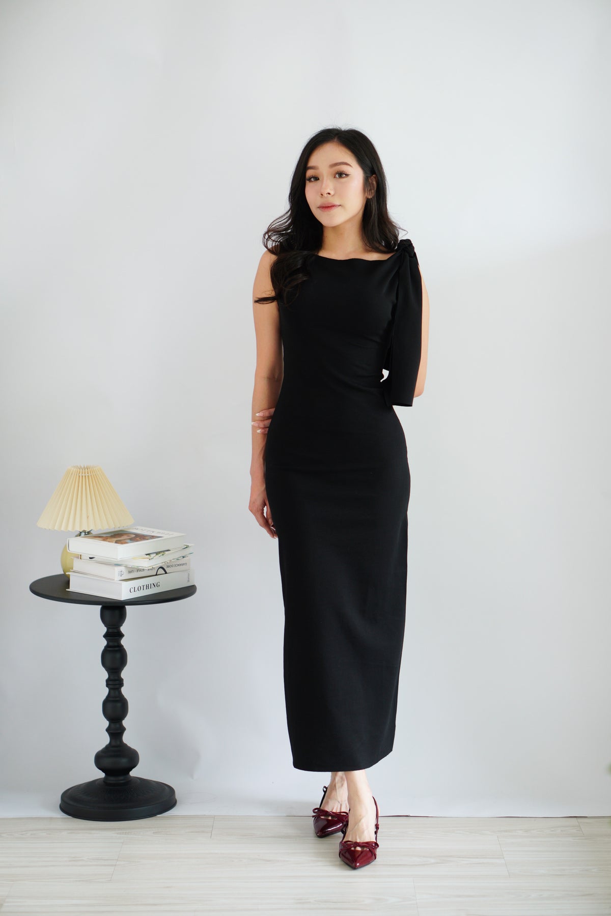 Lioraine Boat Neck Tie Maxi Bodycon Dress in Black