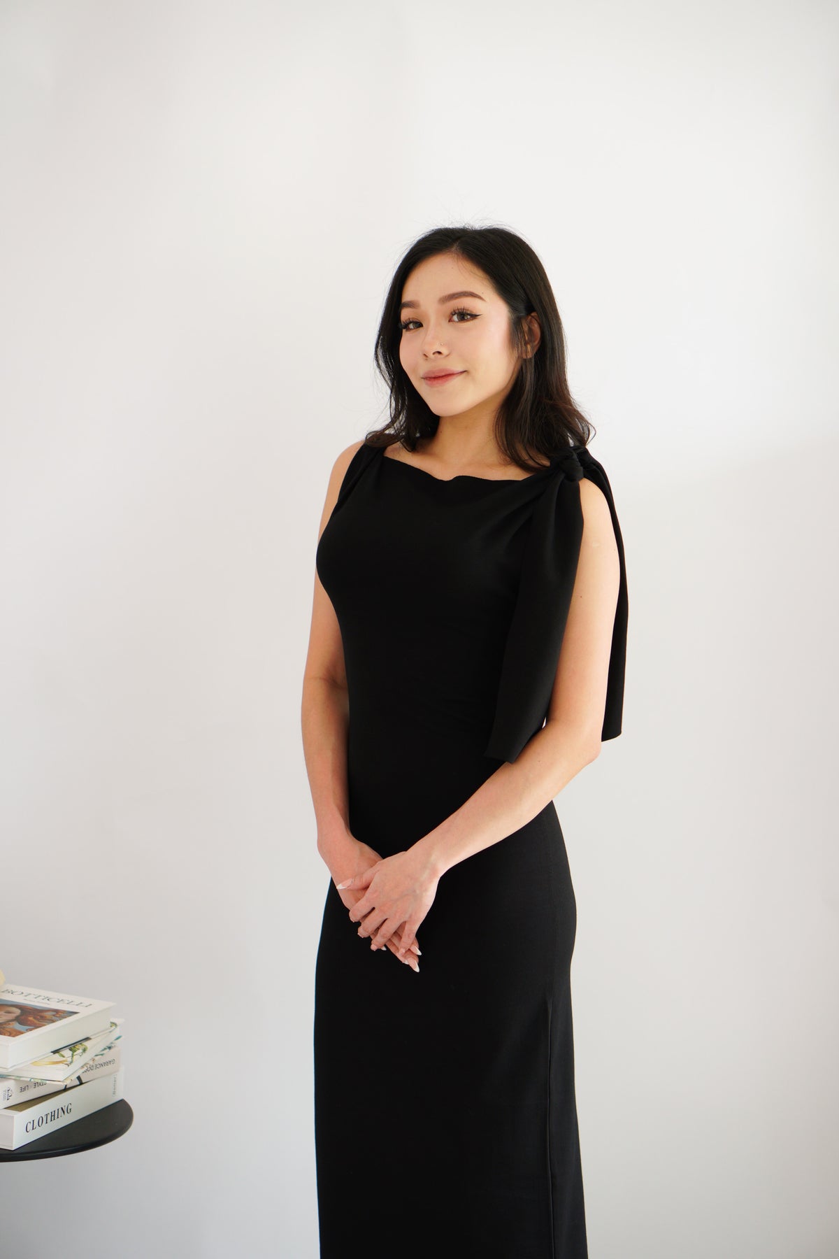 Lioraine Boat Neck Tie Maxi Bodycon Dress in Black