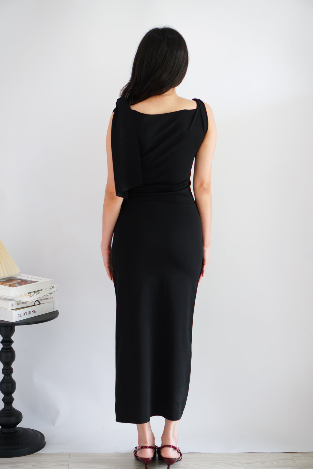 Lioraine Boat Neck Tie Maxi Bodycon Dress in Black