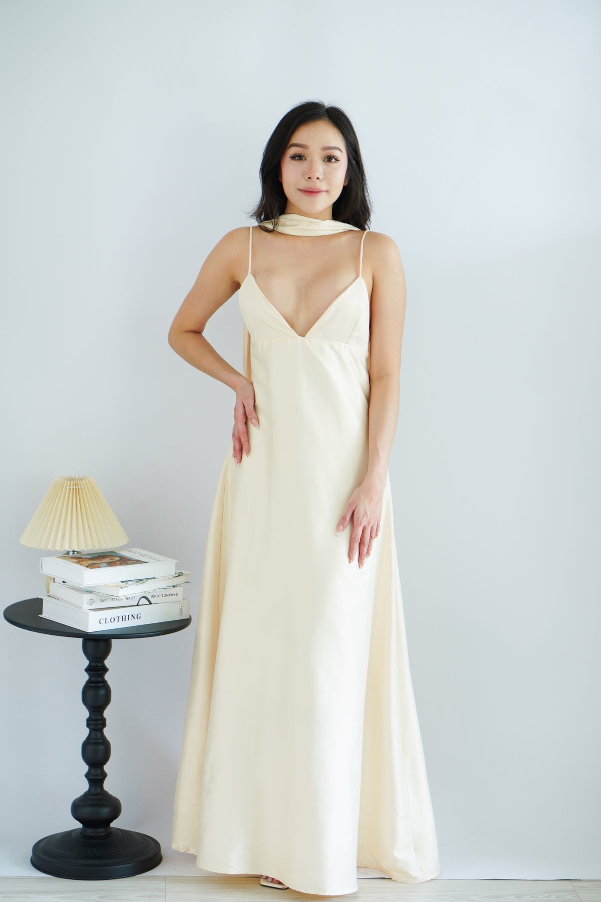 Anessa Deep V Satin Maxi Dress with Sash in Gold