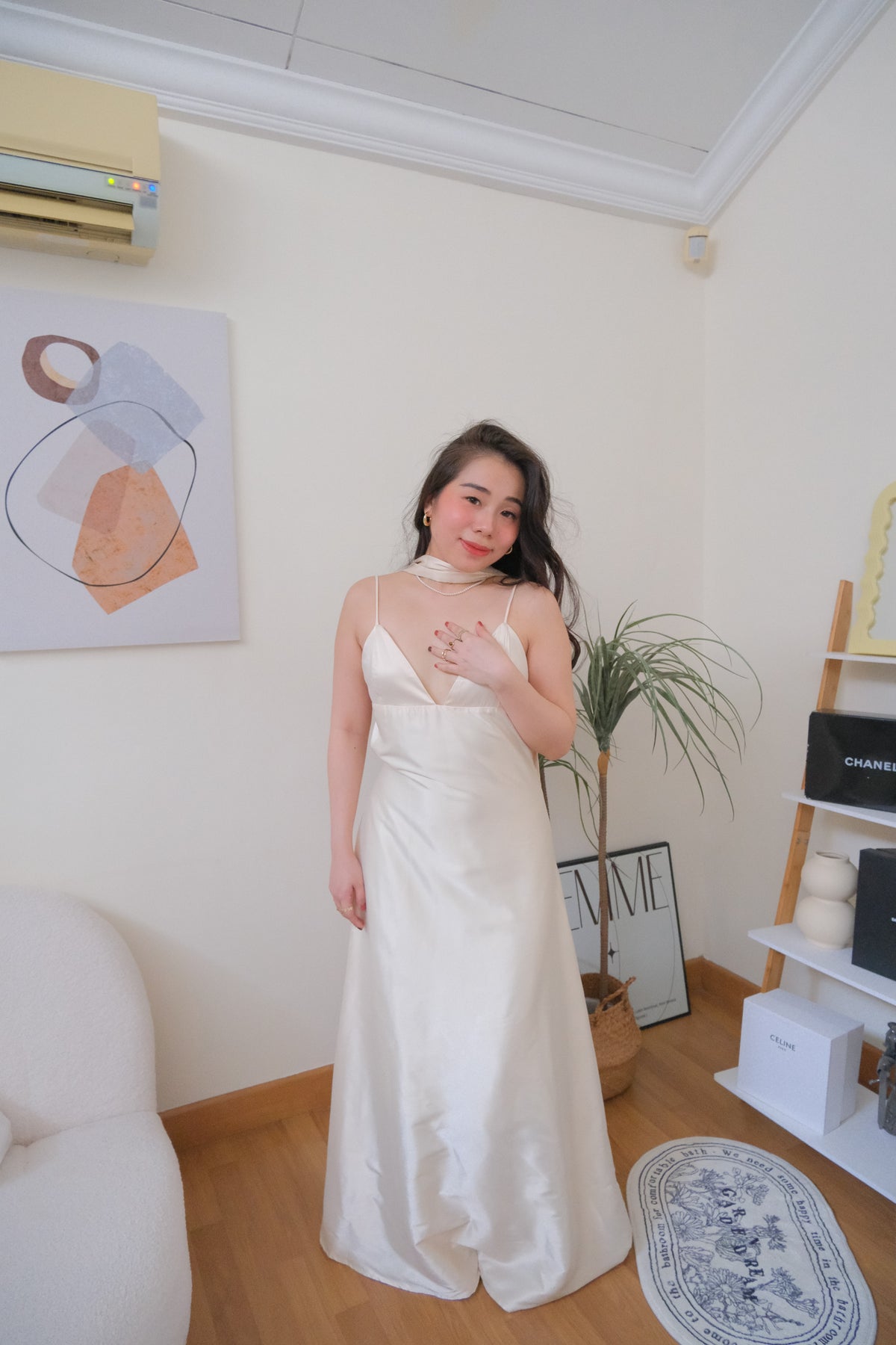 Anessa Deep V Satin Maxi Dress with Sash in Gold