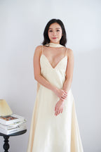 Anessa Deep V Satin Maxi Dress with Sash in Gold
