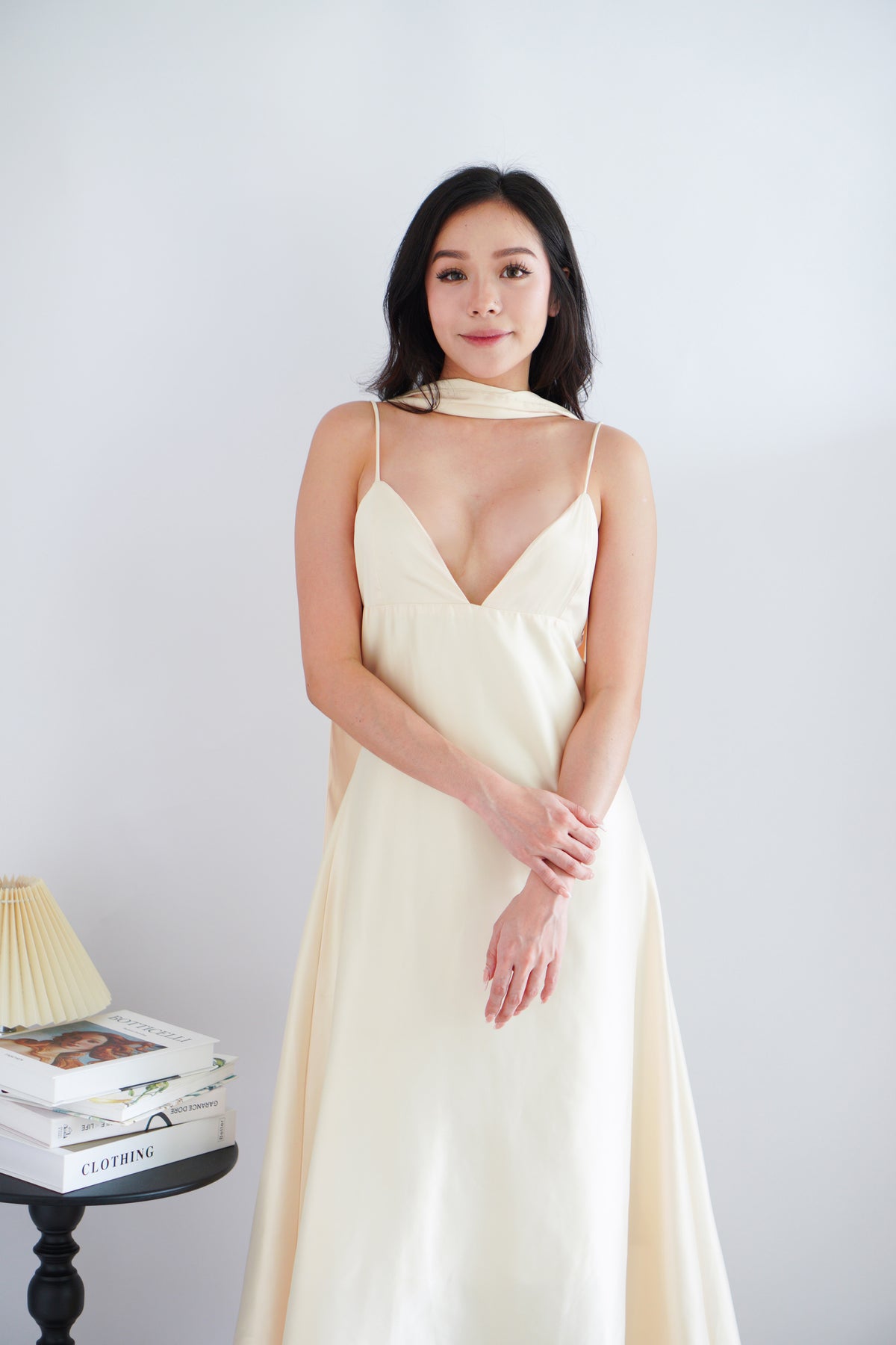 Anessa Deep V Satin Maxi Dress with Sash in Gold