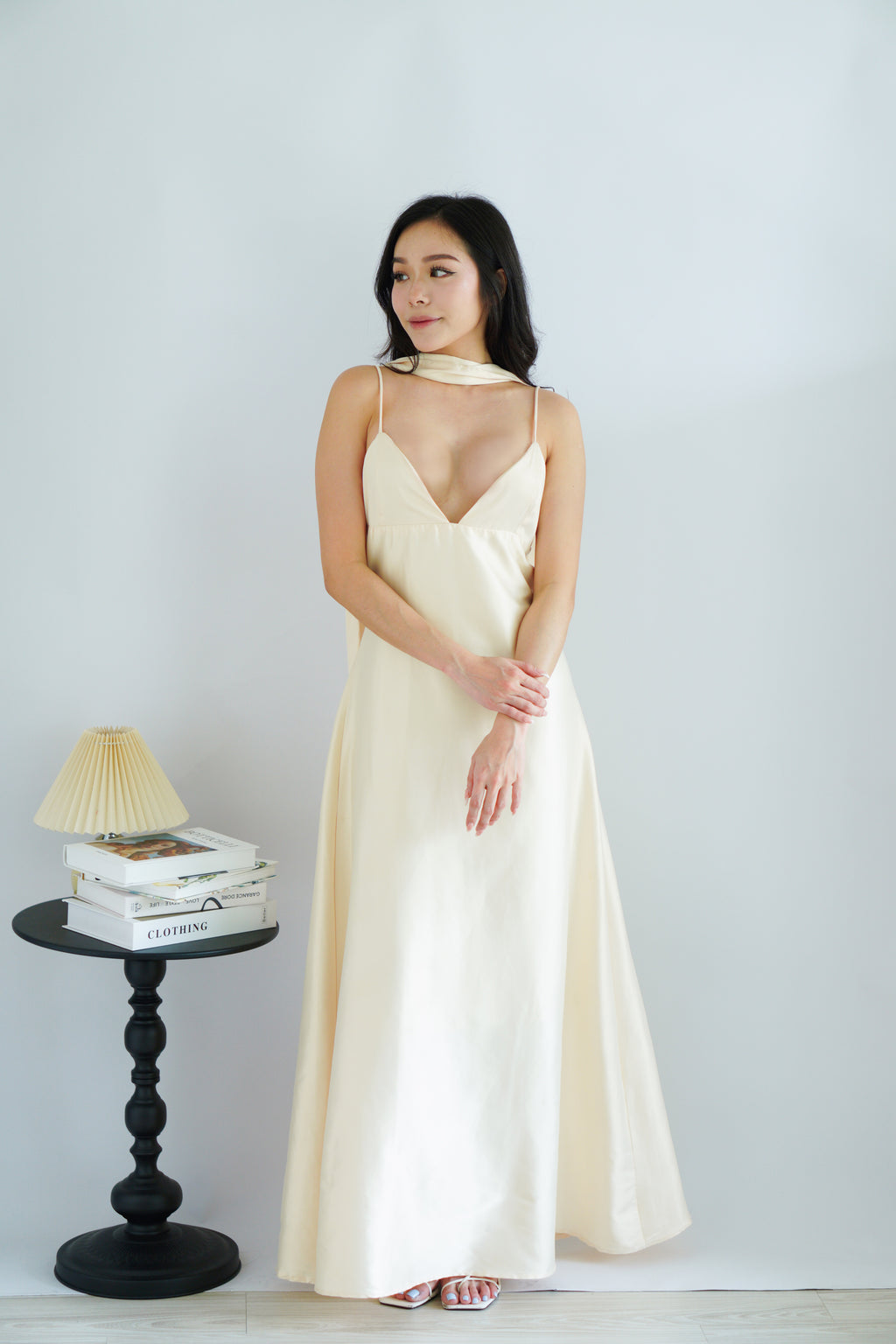 Anessa Deep V Satin Maxi Dress with Sash in Gold